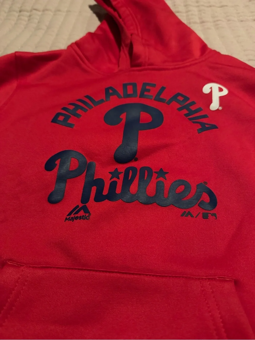 Majestic Red Hooded Fan Pullover with Navy Logo